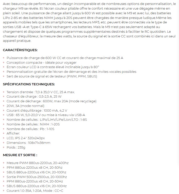 descriptif Chargeur ToolkitRc M9